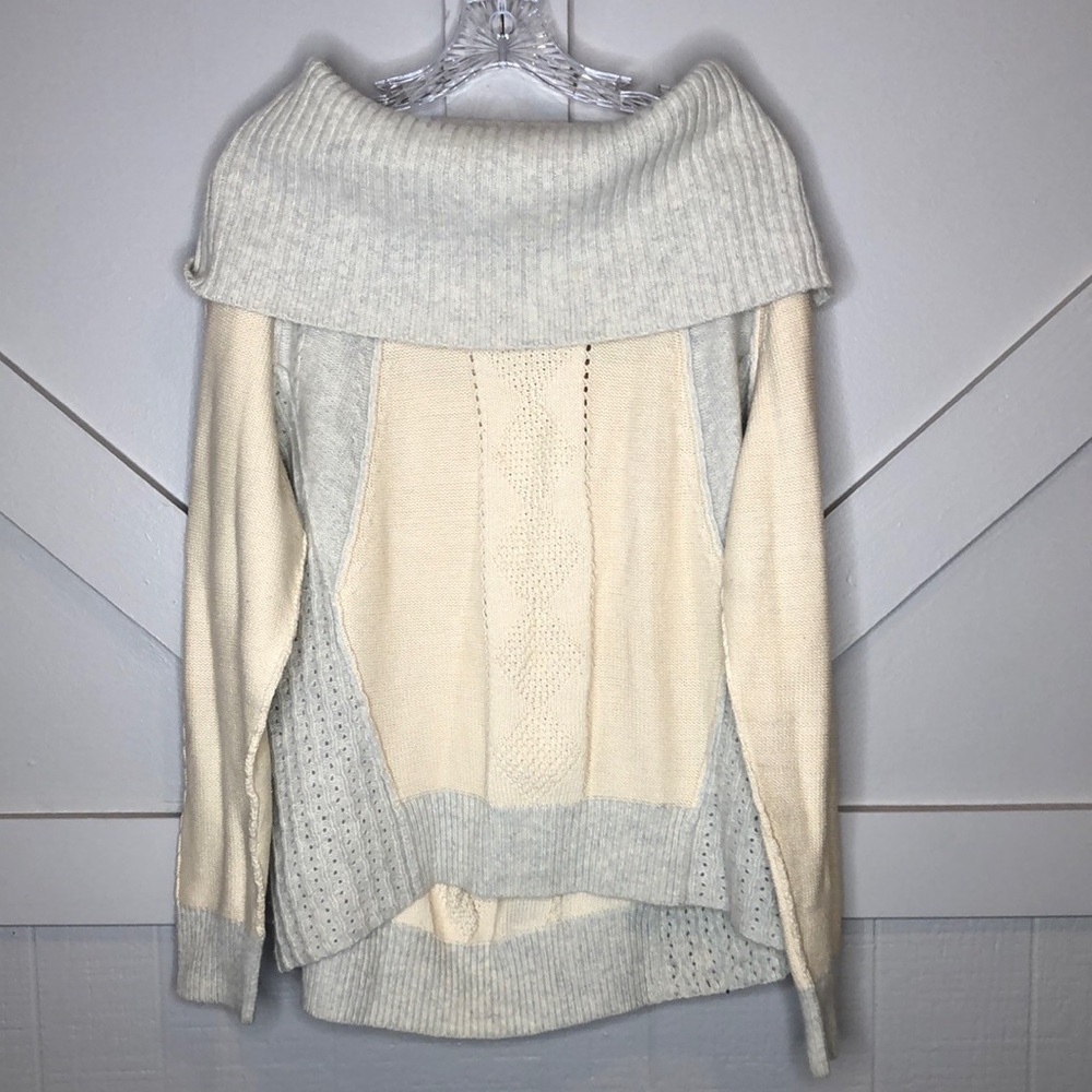 Sundance Chunky Knit Cowl Neck Cream Gray Blocked Textured Sweater Top Jumper